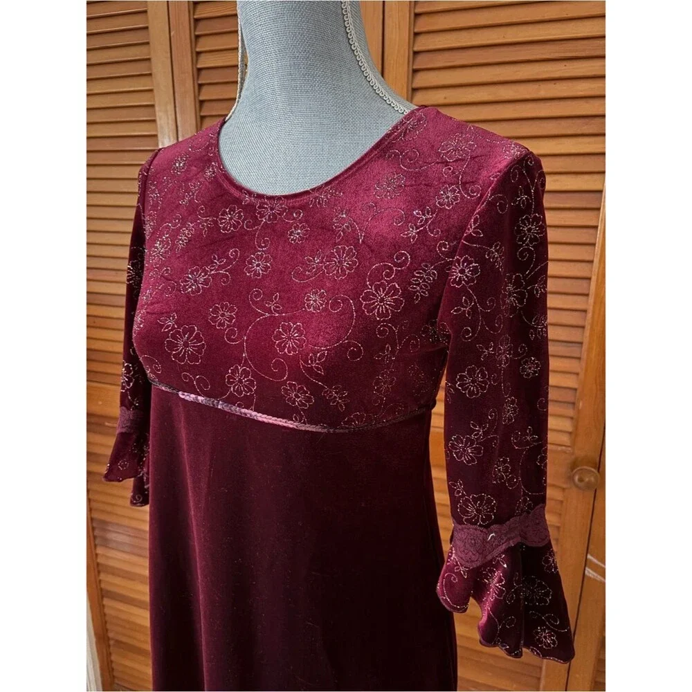 Vintage 90s Iz Byer Sequin Glitter Floral Burgundy Flutter Sleeve Velour Dress